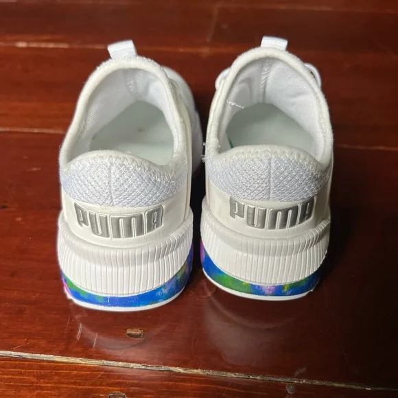 Puma white sneakers pink and purple swirl on the bottom size 11 little girls - Picture 4 of 9